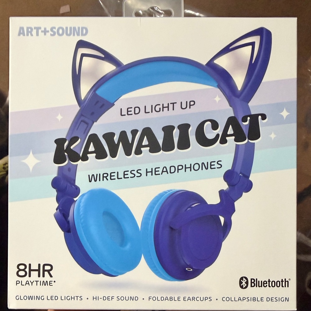 Kawaii Cat LED Light Up Wireless Headphones - Blue